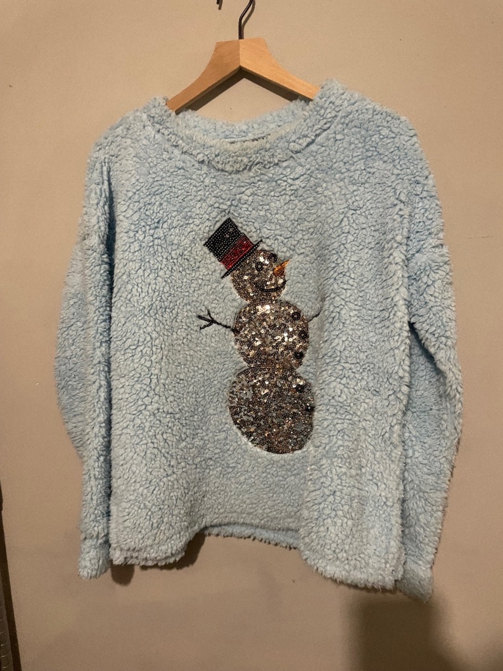 Time and tru large light blue pullover sweater snowman appliqué